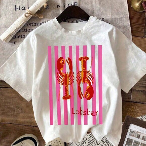 Tops - White Casual Women's Crew Neck Short Sleeve Lobster Print Graphic T-Shirt